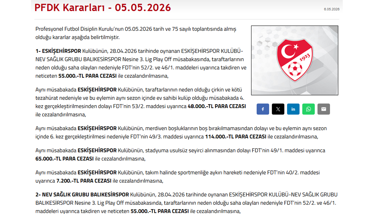 Eski̇şehi̇rspor Pfdk Kararlari