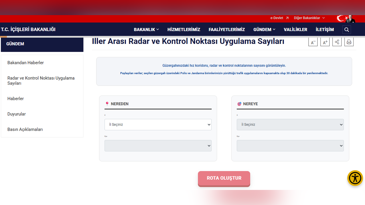 Iller Arası Radar Ve Kontrol Noktası Uygulama Ekranı