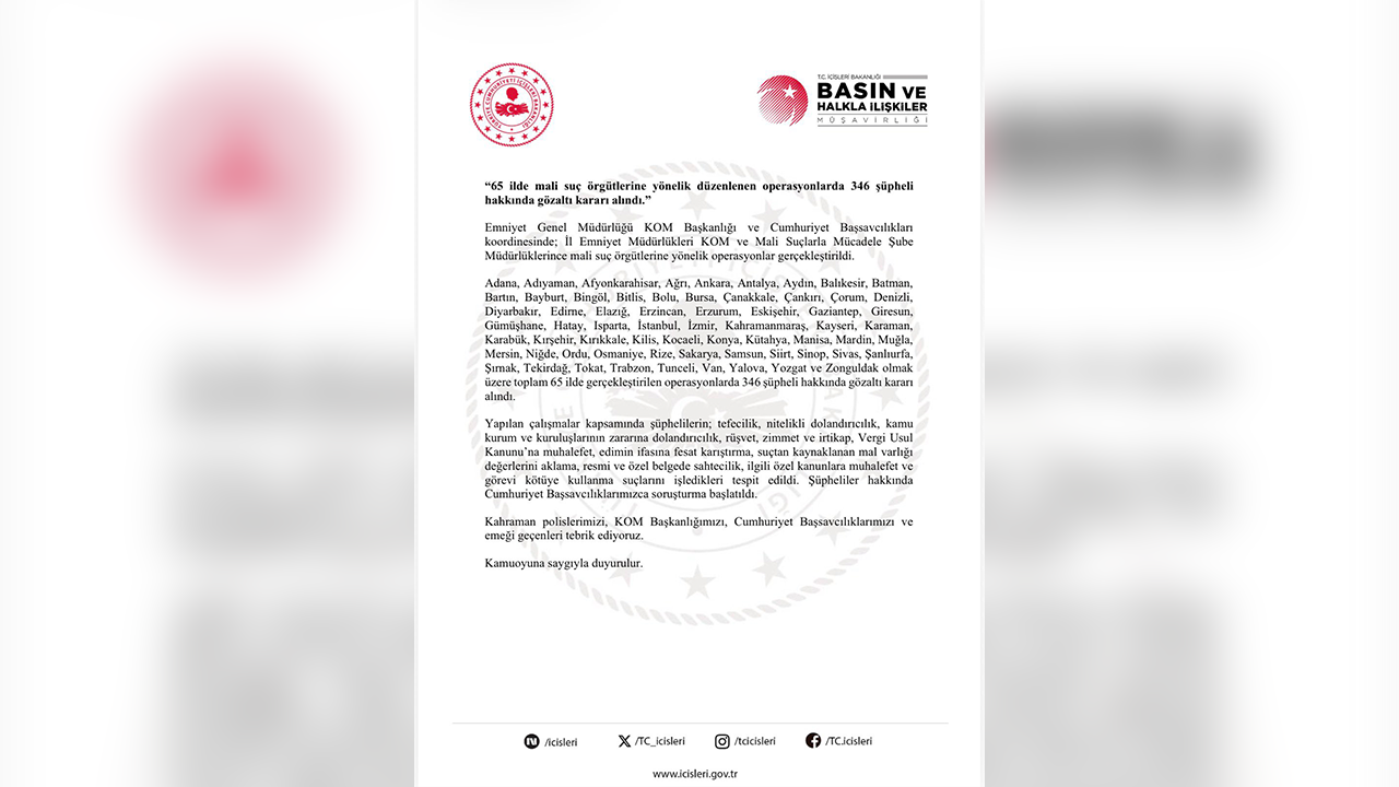 Eskişehir Dahil 65 Ilde Mali Suç Örgütlerine Yönelik Operasyon