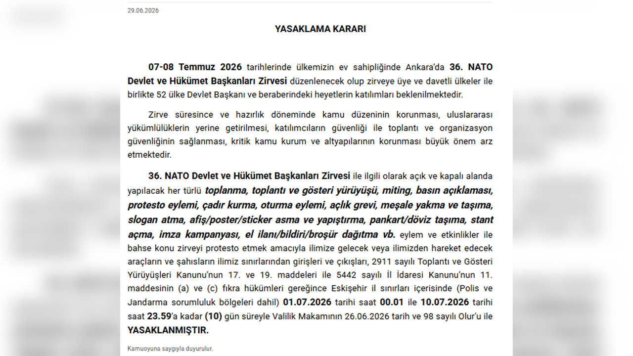 Eskişehir Valiliği Yasaklama Kararı