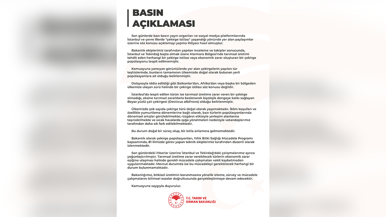 Bakanlıktan Çekirge Açıklaması