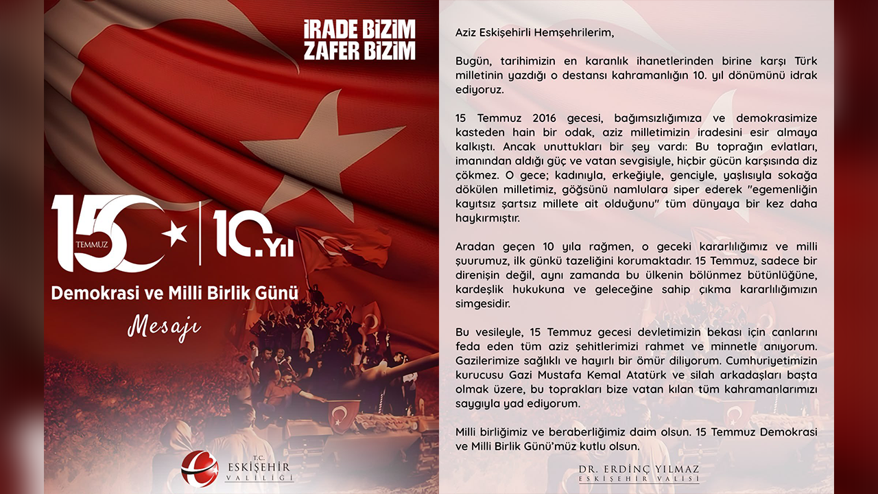 Vali Yılmaz'dan 15 Temmuz Mesajı