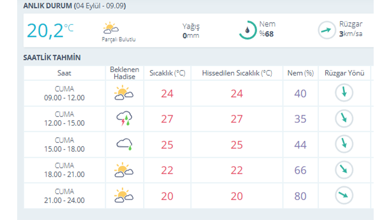 4 Eylül Cuma Eskişehir Saatlik Hava Durumu
