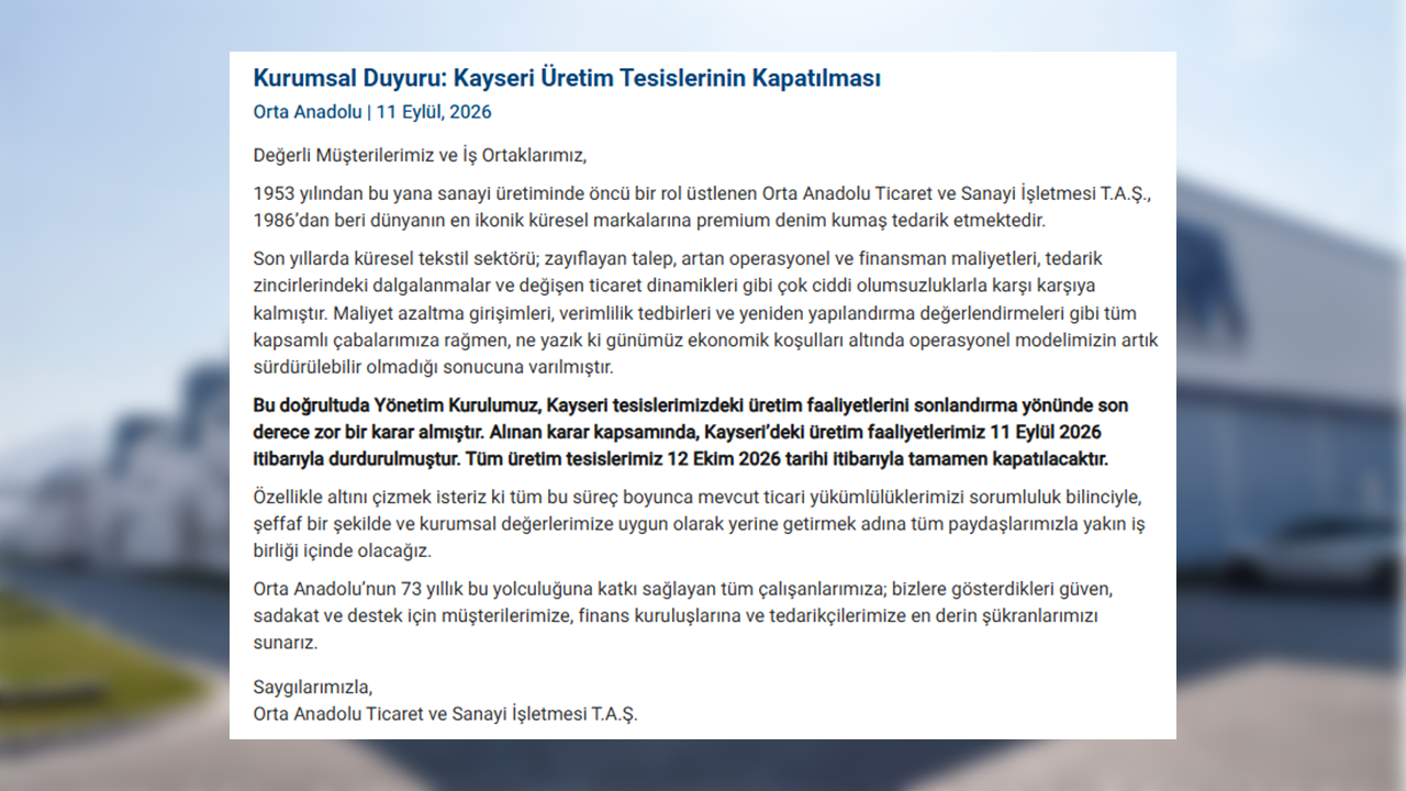 Orta Anadolu Ticaret Ve Sanayi Işletmesi Fabrikalarını Kapatıyor